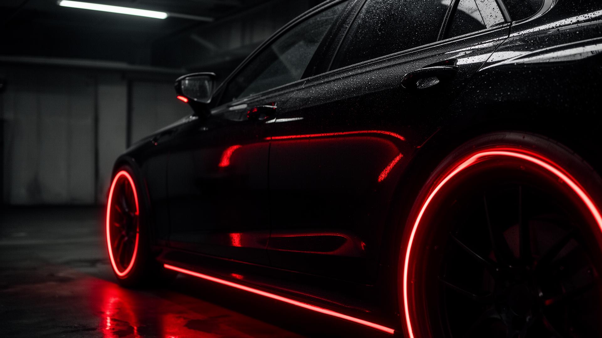 Black supercar with deep red ceramic gloss in a dark detailing bay