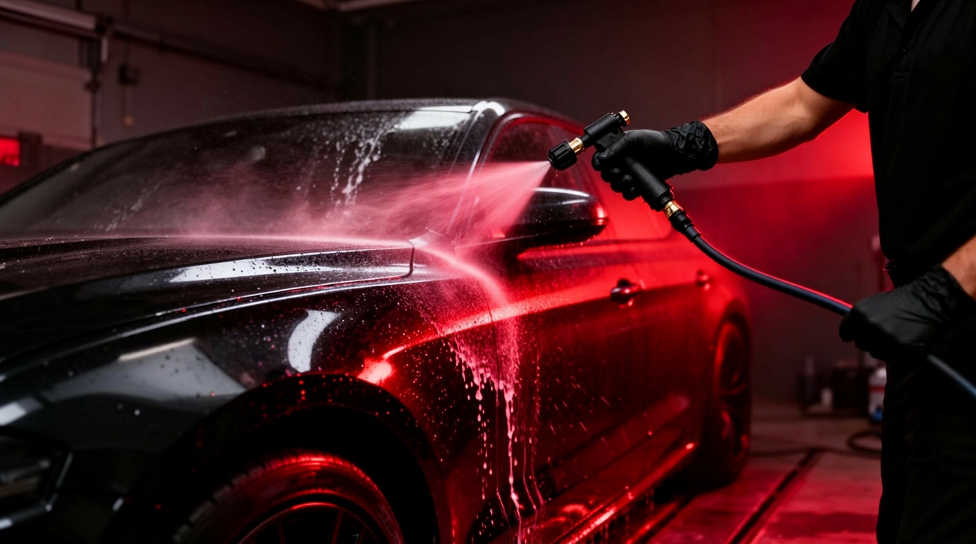 Detailer applying foam cannon to a black sports car