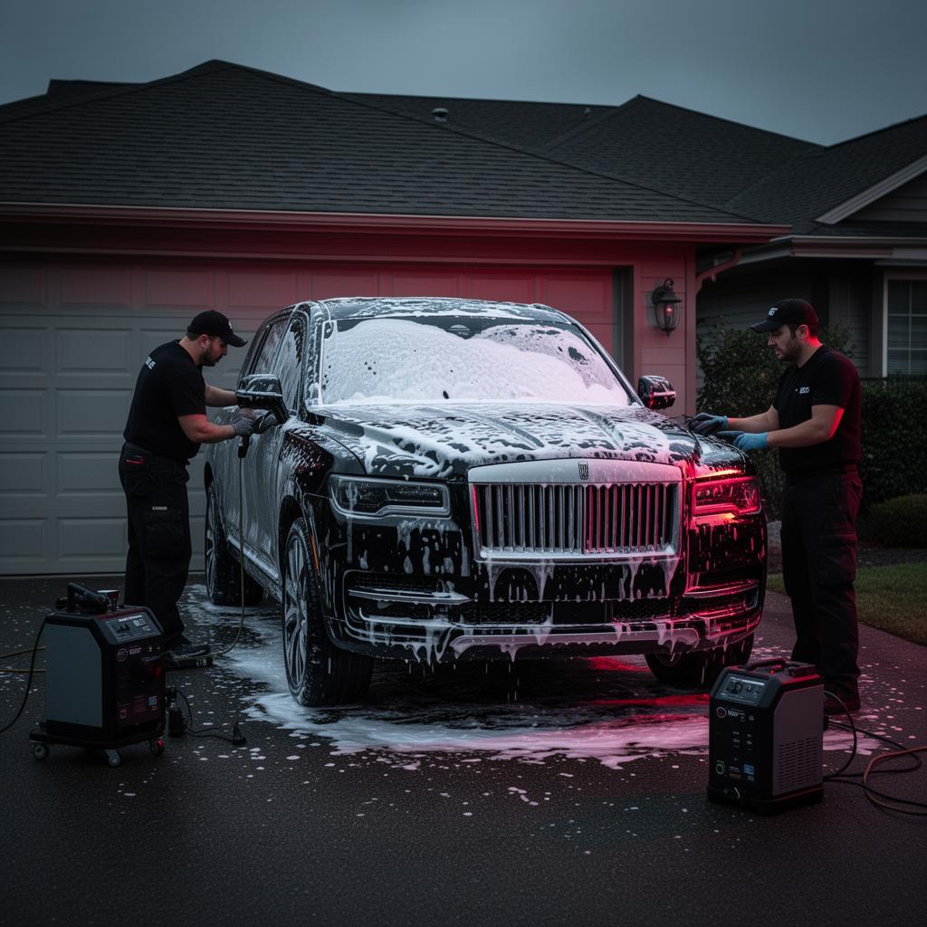 Detailing van pulling into a Portland driveway